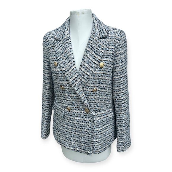 Rachel Zoe Women's Double Breasted Brass Button Tweed Blazer Blue White size M - Picture 6 of 9